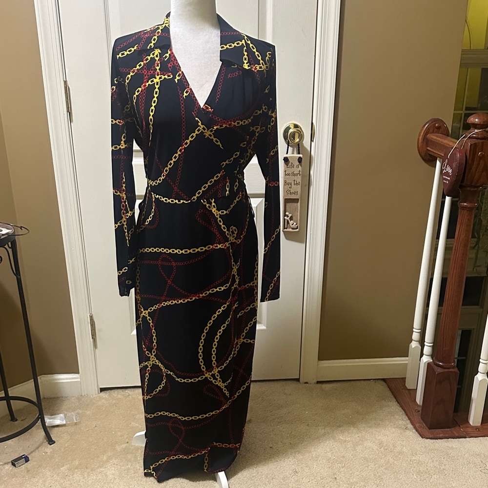Elegant Very Dark Navy Blue Chain Print Dress